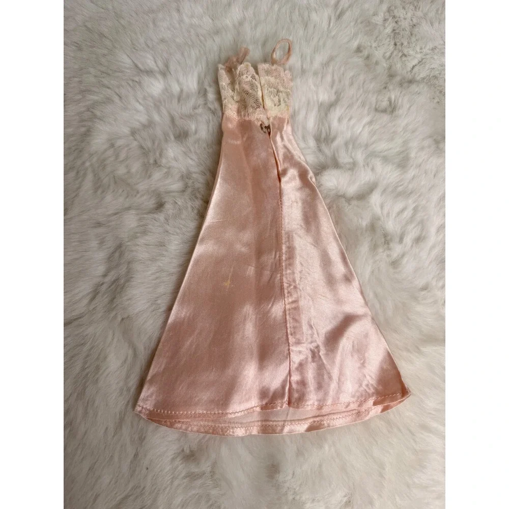 Vintage 1960s Doll Clothes Pink Satin Nightgown Floral Pajama Set Barbie Size